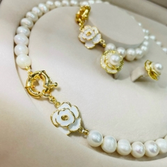 Set Vòng Cổ,Vòng Tay,Khuyên Tai Ngọc Trai Thật Mix Hoa Hồng Cao Cấp Sang Trọng Kèm Hộp Nhung ( không tách set)