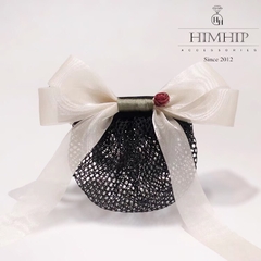 Kẹp Bối, Búi Lưới HimHip Phối Vải Voan Nơ Trắng Dây Dài Charm Hoa Hồng Thanh Lịch 13.5cm