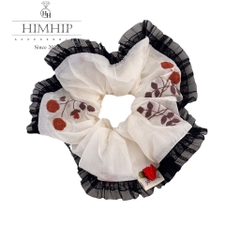 Scrunchies HimHip Phối Vải Nhún Viền Đen Hoạ Tiết Hoa Hồng Tiểu Thư 15cm