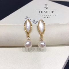 Khuyên Tai Ngắn HimHip HKCC Hạt Trai Thật Phối Đá Thoi Thanh Lịch 2.7*0.7cm