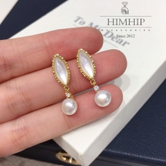 Khuyên Tai Ngắn HimHip HKCC Hạt Trai Thật Phối Đá Thoi Thanh Lịch 2.7*0.7cm