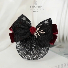 Kẹp Bối, Búi Lưới HimHip Phối Vải Nhung Nơ Đen Charm Hoa Hồng Tiểu Thư Sang Trọng 13x8cm