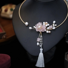 Kiềng Cổ HimHip Hạt Giả Trai Mix Đá Thạch Anh Xuân Hoa Ngọc Nữ Sang Trọng 15cm Phụ Kiện Áo Dài - Xanh Ngọc