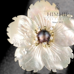 Trâm, Ghim Cài Áo Himhip Hoa Mai Khảm Trai Sang Trọng HKCC Mix Trai Tím 4cm