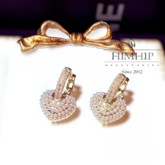 Khuyên Tai Ngắn HimHip Trái Tim Đáng Yêu HKCC Mix Ngọc Trai Nhỏ 1.7x2.5cm
