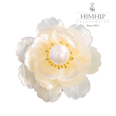 Trâm, Ghim Cài Áo HimHip Hoa Trắng Khảm Trai Sang Trọng HKCC Mix Trai 4cm
