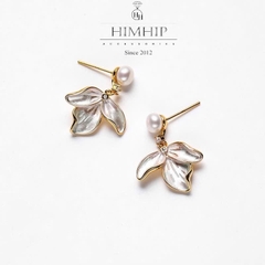 Khuyên Tai Ngắn HimHip Mặt Hoa 3 Cánh Thanh Lịch HKCC Đính Phale, Ngọc Trai Thật 2.8cm