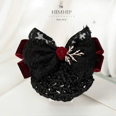 Kẹp Bối, Búi Lưới HimHip Phối Vải Nhung Nơ Đen Charm Hoa Hồng Tiểu Thư Sang Trọng 13x8cm