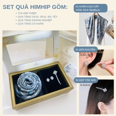 Set Quà HimHip Khăn Lụa Cao Cấp 65x65cm & Kẹp Mái, Khuyên Tai Kèm Túi Hộp Thiệp - 1372