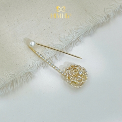 Trâm, Ghim Cài Kim Băng HimHip Hoa Hồng Vàng Xoắn Sang Trọng HKCC Đính Phale 5.5cm
