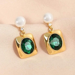 Khuyên Tai Ngắn HimHip Mặt Vuông Xanh Sang Trọng HKCC Mix Ngọc Trai Thật 1x2.5cm