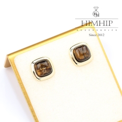 Khuyên Tai Nụ HimHip Mặt Đá Nâu Viền Vàng Sang Trọng HKCC Đính Đá 1.5x1.5cm