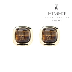 Khuyên Tai Nụ HimHip Mặt Đá Nâu Viền Vàng Sang Trọng HKCC Đính Đá 1.5x1.5cm
