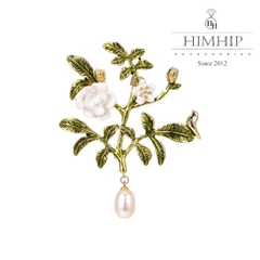 Trâm, Ghim Cài Áo HimHip Cành Hoa Ngọc Anh Thanh Lịch HKCC Mix Ngọc Trai Thả 4,7*5,7cm