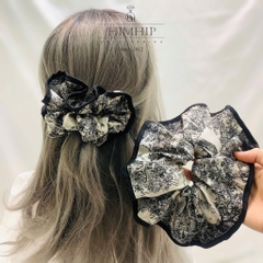 Scrunchies HimHip Phối Vải Viền Đen Hoạ Tiết Cổ Điển 16cm