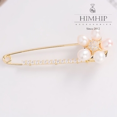 Trâm, Ghim Cài Kim Băng HimHip Hoa 5 Cánh Ngọc Trai Sang Trọng HKCC Đính Phale2x6cm