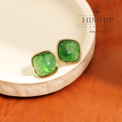 Khuyên Tai Nụ HimHip Mặt Vuông Đá Vân Xanh Sang Trọng HKCC Đính Đá 1.5cm
