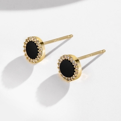 Khuyên Tai Nụ HimHip Mặt Đá Đen Viền Vàng Thanh Lịch HKCC Đính Phale 0,7->0.9cm