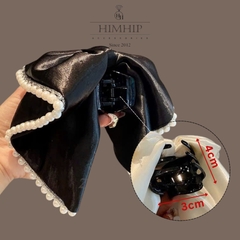 Kẹp Càng Cua HimHip Composite Mix Viền Hạt Giả Trai Thắt Nơ Vải Sang Trọng 6 Răng 3x4cm