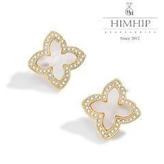 Khuyên Tai Nụ HimHip Cỏ 4 Lá May Mắn HKCC Đính Phale, Khảm Trai 1.5x1.5cm