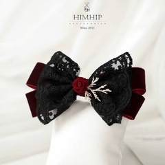 Kẹp Bối, Búi Lưới HimHip Phối Vải Nhung Nơ Đen Charm Hoa Hồng Tiểu Thư Sang Trọng 13x8cm