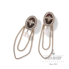 Khuyên Tai Dài HimHip Mặt Oval Ong Phối Tua Rua Cổ Điển HKCC Đính Phale 1.5x6.5cm