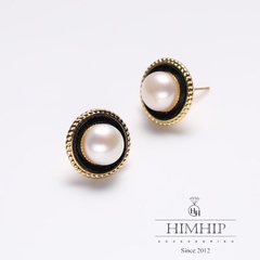 Khuyên Tai Nụ HimHip Nụ Trai Viền Đen Vàng Sang Trọng HKCC Mix Trai Thật 1.5cm Phụ Kiện Áo Dài