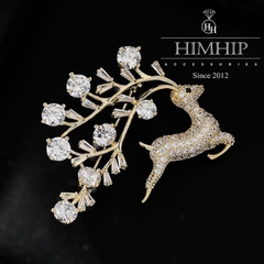 Trâm, Ghim Cài Áo HimHip Hươu Phối Cành Lá Độc Đáo HKCC Đính Phale 4*5 cm