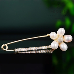 Trâm, Ghim Cài Kim Băng HimHip Hoa 5 Cánh Ngọc Trai Sang Trọng HKCC Đính Phale2x6cm