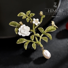 Trâm, Ghim Cài Áo HimHip Cành Hoa Ngọc Anh Thanh Lịch HKCC Mix Ngọc Trai Thả 4,7*5,7cm