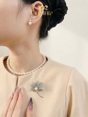 Set Trang Sức HimHip Vòng Cổ Tinh Thể 8Li, Khuyên Tai Ngắn Trai Thật & Cài Áo Ngân Hạnh Kèm Túi Hộp Thiệp -115