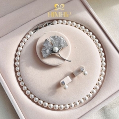 Set Trang Sức HimHip Vòng Cổ Tinh Thể 8Li, Khuyên Tai Ngắn Trai Thật & Cài Áo Ngân Hạnh Kèm Túi Hộp Thiệp -115