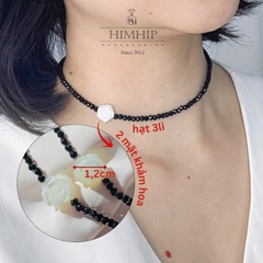 Choker HimHip Phale Đen 3ly Phối Mặt Hoa Hồng Khảm Trai Sang Trọng 32+7cm HPBD