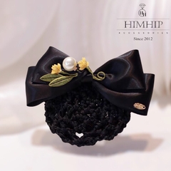 Kẹp Bối, Búi Lưới HimHip Mix Hạt Giả Trai Nơ Đen Phối Hoa Lá Thanh Lịch 8x14cm