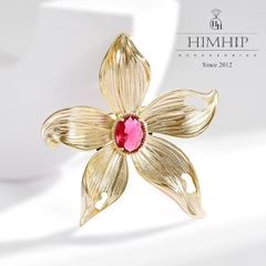 Trâm, Ghim Cài Áo HimHip Hoa Lan Nhụy Đỏ Sang Trọng HKCC Đính Phale 5*5,5cm