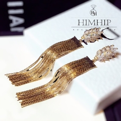 Khuyên Tai Dài HimHip Mặt Lá Phối Tua Rua Sang Trọng HKCC Đính Phale 1.2x9cm