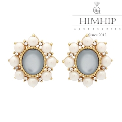 Khuyên Tai Ngắn HimHip Mặt Hoa Sang Trọng HKCC Đính Đá Phale, Ngọc Trai 2.1x1.9cm