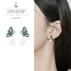 Khuyên Tai Ngắn HimHip Bướm Vân Xanh Sang Trọng HKCC Mix Ngọc Trai Dị 2.8x1cm Phụ Kiện Áo Dài