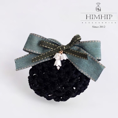 Kẹp Bối, Búi Lưới HimHip Mix Hạt Giả Trai Nơ Xanh Đính Hoa Chuông Thanh Lịch 13cm