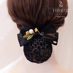 Kẹp Bối, Búi Lưới HimHip Mix Hạt Giả Trai Nơ Đen Phối Hoa Lá Thanh Lịch 8x14cm