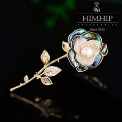 Trâm, Ghim Cài Áo HimHip Hoa Hồng Khảm Trai Quý Phái HKCC Đính Đá Phale 3*7,2cm