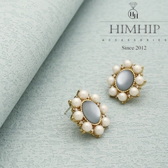 Khuyên Tai Ngắn HimHip Mặt Hoa Sang Trọng HKCC Đính Đá Phale, Ngọc Trai 2.1x1.9cm