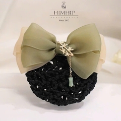 Kẹp Bối, Búi Lưới HimHip Phối Vải Voan Nơ Xanh Charm Trúc Tiểu Thư Thanh Lịch 13x8cm