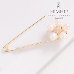 Trâm, Ghim Cài Kim Băng HimHip Hoa 5 Cánh Ngọc Trai Sang Trọng HKCC Đính Phale2x6cm