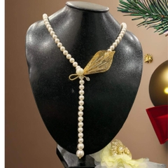 [Thiết kế] Set Vòng Cổ (50cm), Vòng Tay, Khuyên Tai HimHip Tinh Thể Ngọc Trai 8ly Mặt Lá Phale Cao Cấp Kèm Hộp Nhung Phụ Kiện Áo Dài