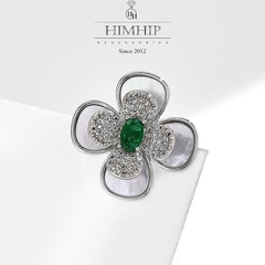 Trâm, Ghim Cài Áo Nhỏ HimHip Hoa Trà Khảm Trai Quý Phái HKCC Đính Phale Lục Bảo 2,5*2,5cm