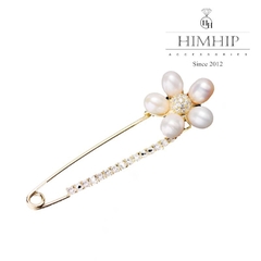 Trâm, Ghim Cài Kim Băng HimHip Hoa 5 Cánh Ngọc Trai Sang Trọng HKCC Đính Phale2x6cm