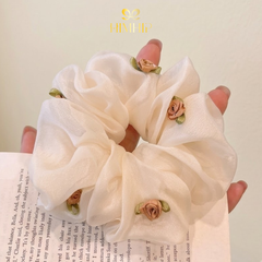 Scrunchies HimHip Vải Voan Trơn Ánh Đính Bông Hồng Nhỏ 14cm