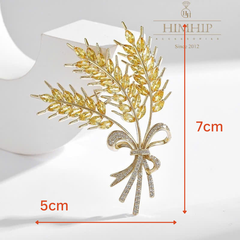 Trâm, Ghim Cài Áo HimHip Chùm 3 Bông Lúa Thắt Nơ Phối Đá Phale Lấp Lánh 7*5cm