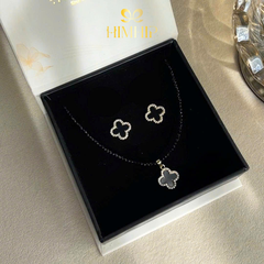 Set Trang Sức HimHip Vòng Cổ & Khuyên Tai Đá Đen Cỏ 4 Lá May Mắn Kèm Hộp - 111